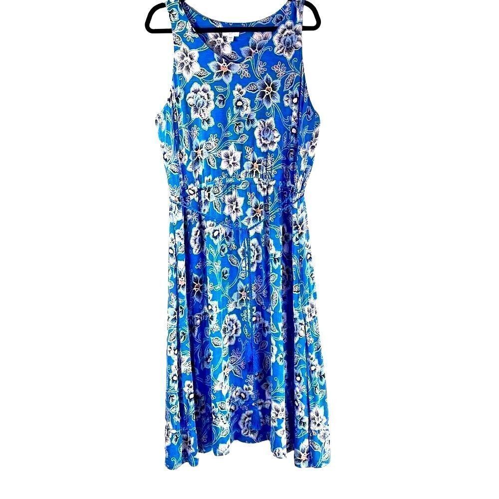 J. Jill v-neck sleeveless blue & orange print floral dress w tassel ties L Petit